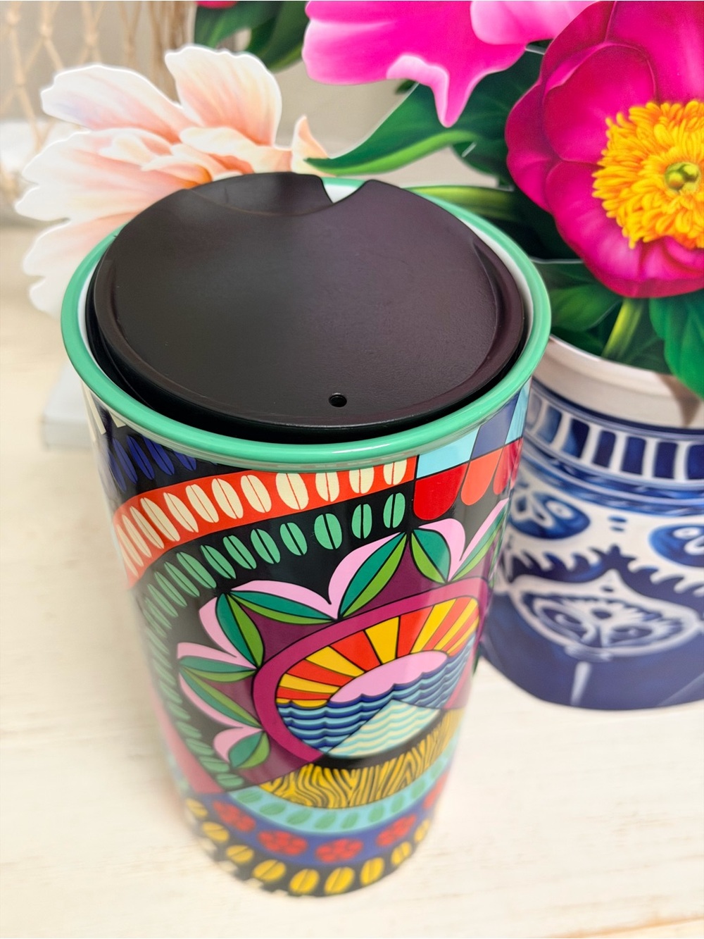 Starbucks Multicolor Ceramic Floral Sunrise Travel Tumbler - Picture 5 of 7